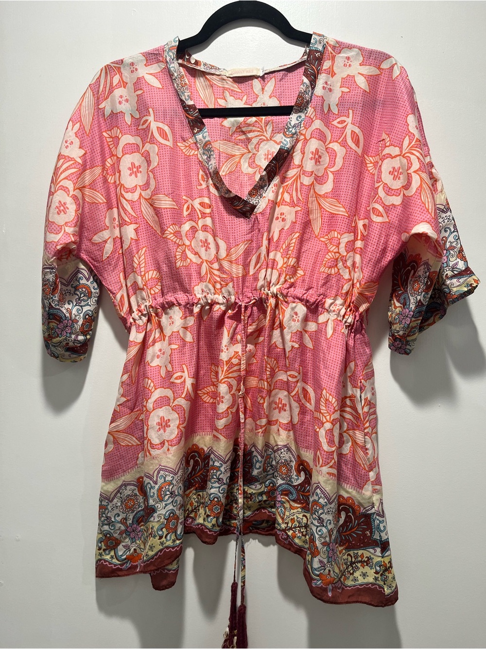 Johnny Was Pink Floral V-Neck Drawstring Tunic with Pockets